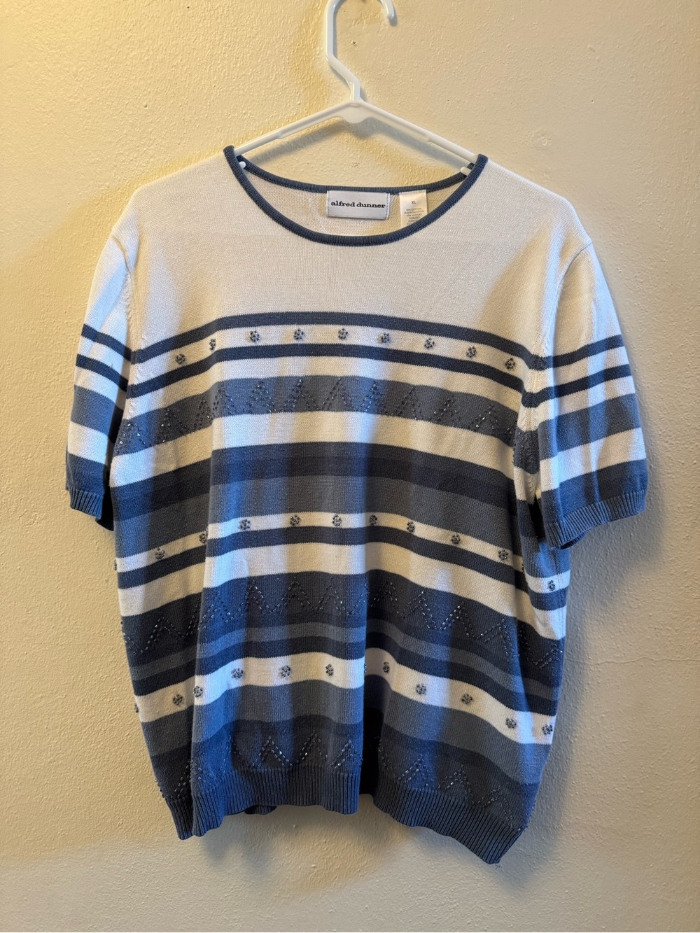 Alfred Dunner Short Sleeve Knit Sweater Blue Striped Crewneck Size XL